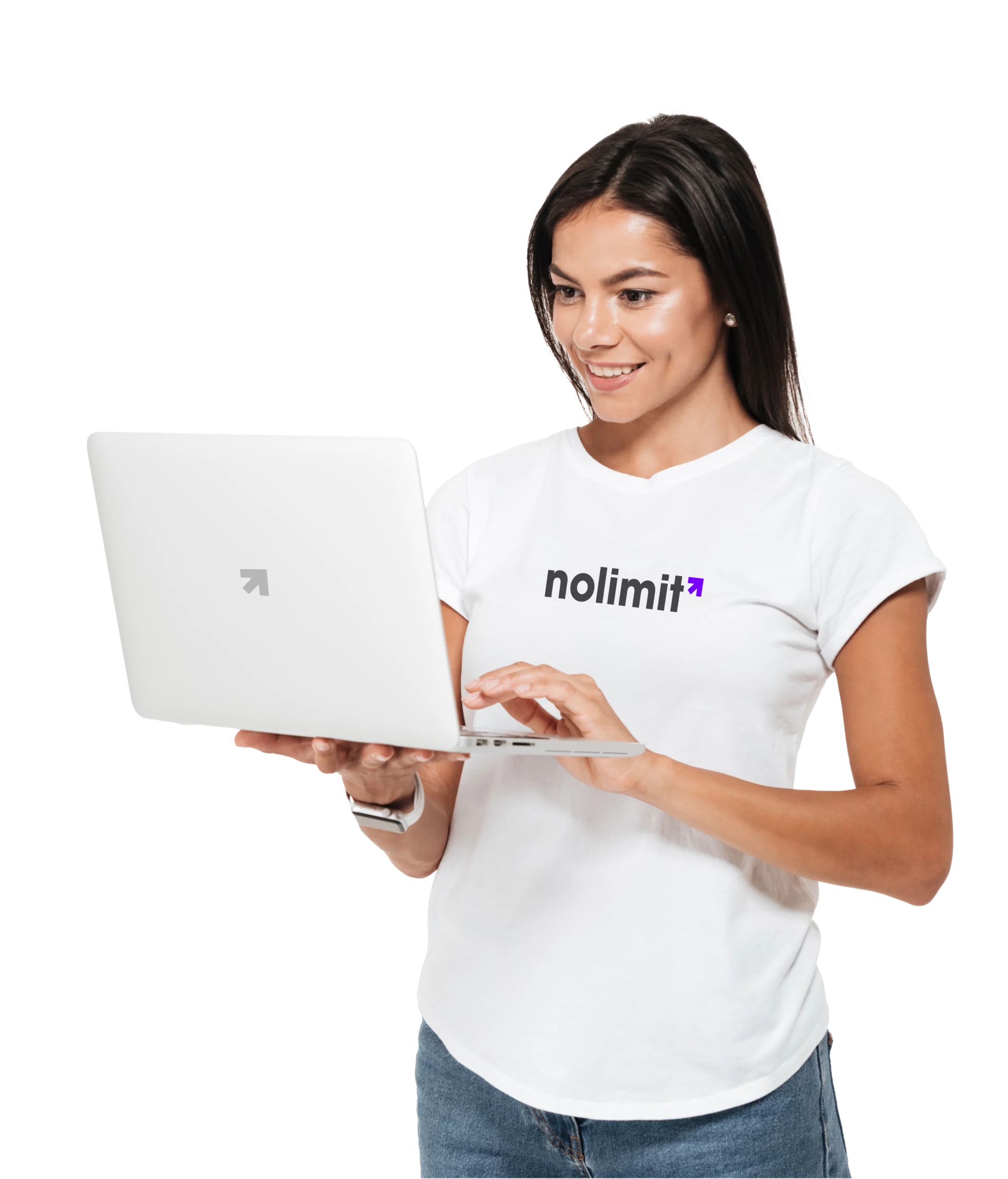A woman holding a computer, wearing a white t-shirt with the brand name 'NoLimit' printed on it